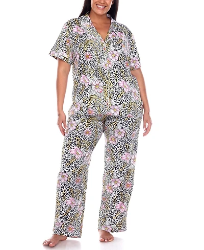 White Mark Plus Short Sleeve Pants Tropical Pajama Set, 2-Piece