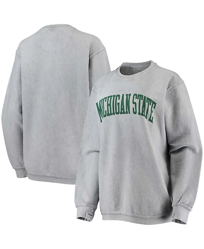 Women's Gray Michigan State Spartans Comfy Cord Vintage-Like Wash Basic Arch Pullover Sweatshirt