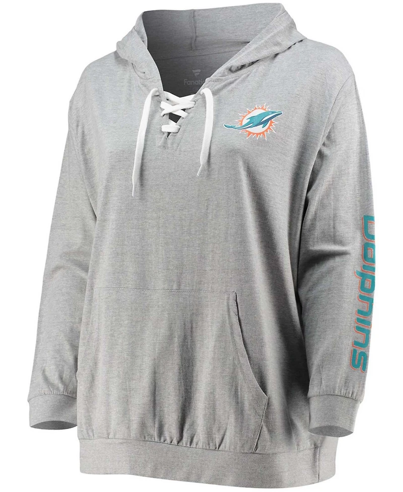 Women's Plus Size Heathered Gray Miami Dolphins Lace-Up Pullover Hoodie