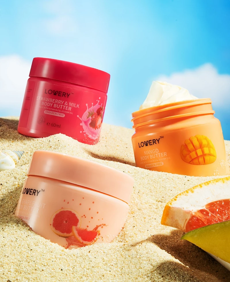 Lovery Pink Grapefruit, Mango, Strawberry Scented Whipped Body Butter, 3-Pack Body Care Gift Set