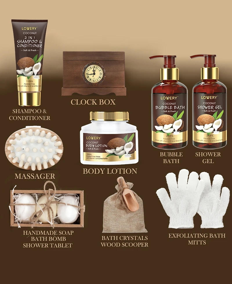 Lovery Vintage-like Clock Box Body Care Gift Set, Coconut Relaxing Home Spa Set, 13 Piece
