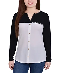 Women's Studded Color Blocked Split Neck Top