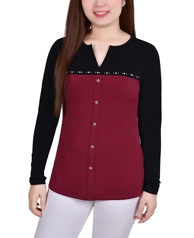 Women's Studded Color Blocked Split Neck Top