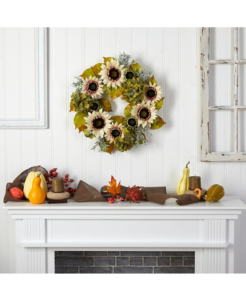 24" White Sunflower and Hydrangea Artificial Autumn Wreath