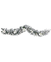 Flocked Poinsettia and Berry Artificial Christmas Garland with 50 Warm Led Lights, 6'