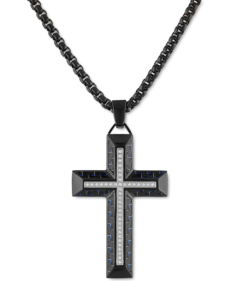 Esquire Men's Jewelry Diamond Cross 22" Pendant Necklace Gold Tone Ion-Plated Stainless Steel & Black Carbon Fiber, Created for Macy's (Also Bla