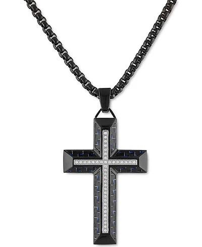 Esquire Men's Jewelry Diamond Cross 22" Pendant Necklace Gold Tone Ion-Plated Stainless Steel & Black Carbon Fiber, Created for Macy's (Also Bla