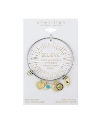 Unwritten Believe Evil Eye Adjustable Bangle Bracelet In Stainless Steel and Gold Flash Plated Charms