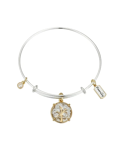 Unwritten Family Tree Cubic Zirconia Adjustable Bangle Bracelet In Stainless Steel and Gold Flash Plated Charms