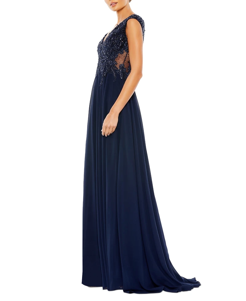 Mac Duggal Women's Appliqued Cap Sleeve Bodice Flowy Gown