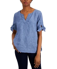 Charter Club Petite 100% Linen Split-Neck Tie Sleeve Top, Created for Macy's