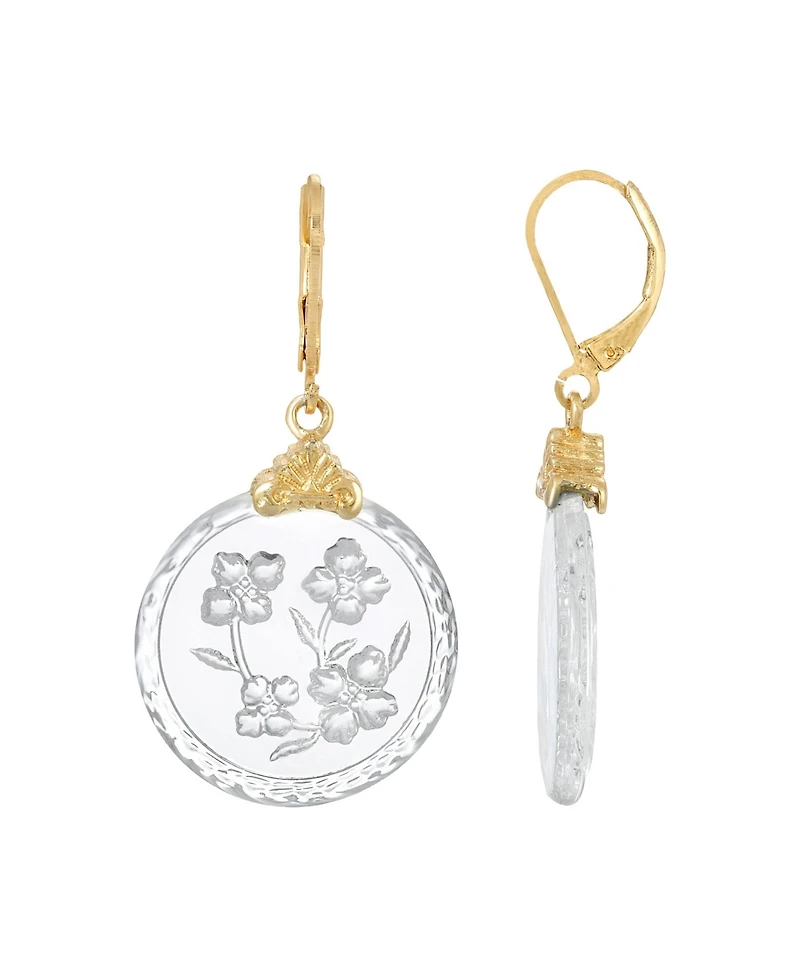 2028 Gold-Tone German Glass Etched Flowers Earrings