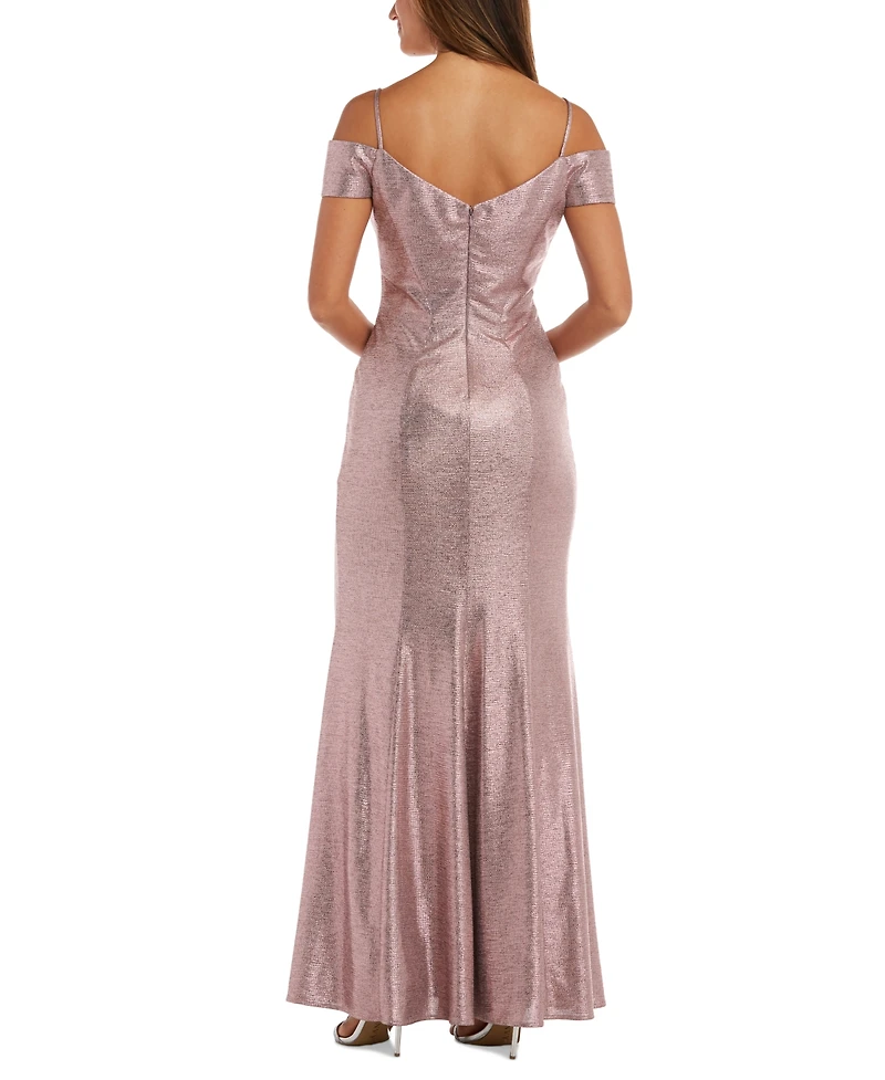 Nightway Cold-Shoulder Foil Gown
