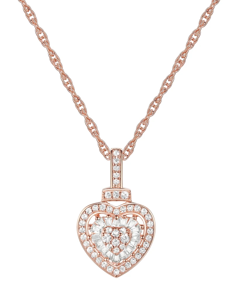 Diamond Round & Baguette Heart 18" Pendant Necklace (1/4 ct. t.w.) in Sterling Silver, 14k Gold-Plated Sterling Silver, & 14k Rose Gold-Plated Sterlin