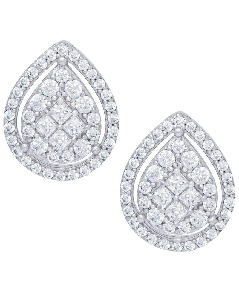 Cubic Zirconia Pear Halo Earrings in Fine Gold Plate or Fine Silver Plate