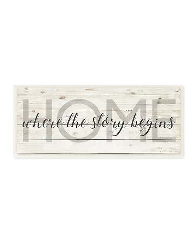 Stupell Industries Story Begins Family Home Inspirational Word Textured Wood Design Wall Plaque Art, 7" x 17"