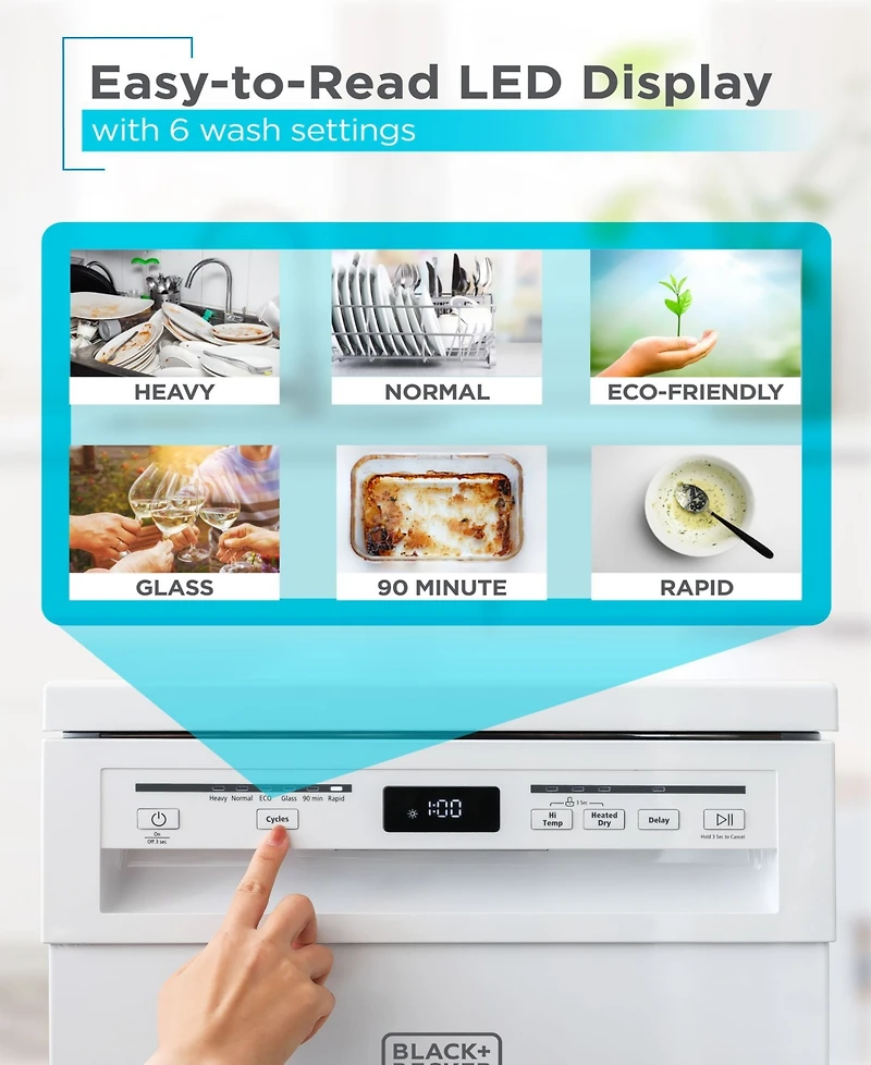 Black+Decker Portable Dishwasher, 18 Inches Wide, 8 Place Setting, White