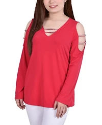 Ny Collection Petite Long Sleeve Knit Crepe Rhinestone Top