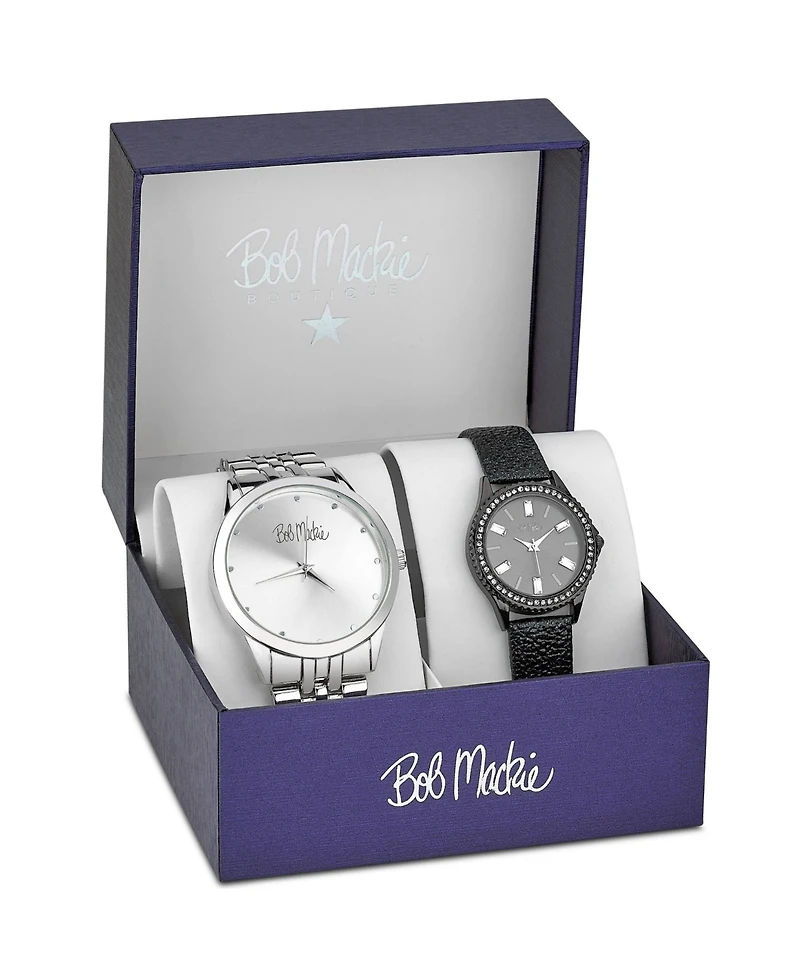 Bob Mackie Men's and Women's Silver-tone Base Metal Bracelet and Black Faux Leather Strap 2 Piece Watch Set 45mm and 32mm