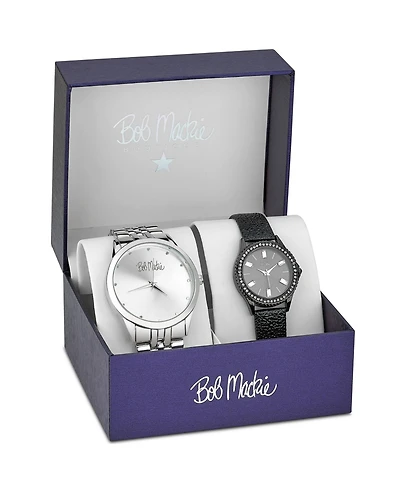Bob Mackie Men's and Women's Silver-tone Base Metal Bracelet and Black Faux Leather Strap 2 Piece Watch Set 45mm and 32mm