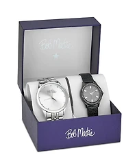 Bob Mackie Men's and Women's Silver-tone Base Metal Bracelet and Black Faux Leather Strap 2 Piece Watch Set 45mm and 32mm