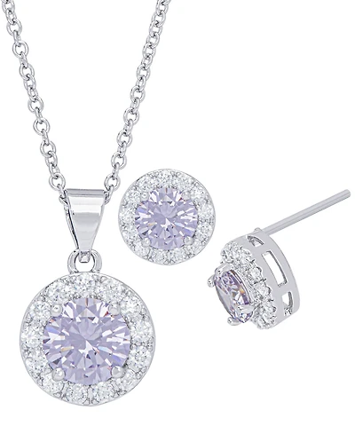 Cubic Zirconia Round Halo Pendant and Earrings Set in Fine Silver Plate, 2 Piece