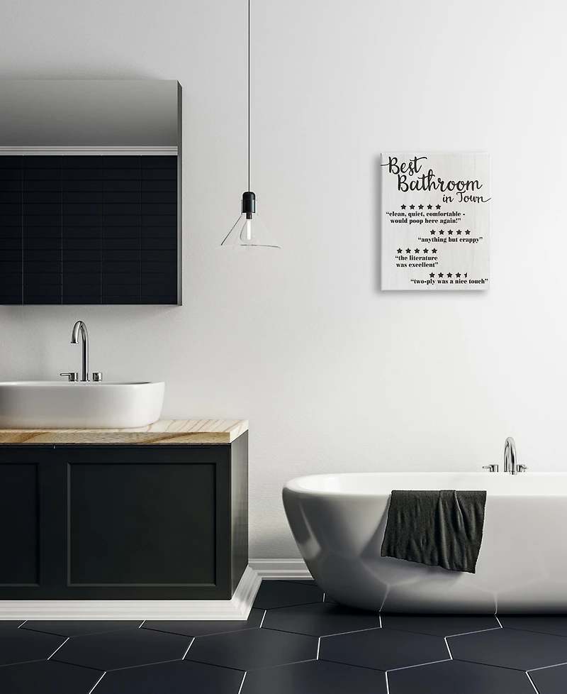 Stupell Industries Five Star Bathroom Funny Word Black and White Textured Design Stretched Canvas Wall Art, 16" x 20"