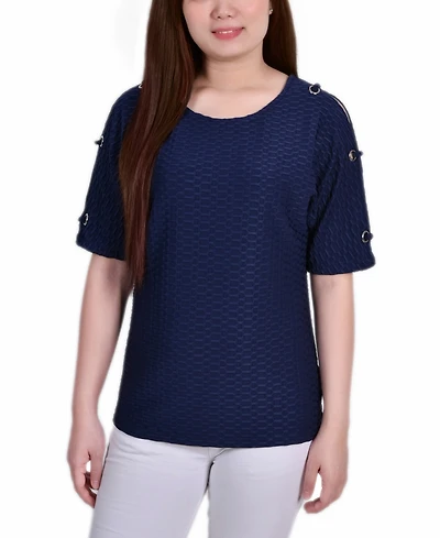 Ny Collection Petite Short Sleeve Honeycomb Textured Grommet Top