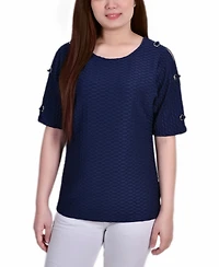 Ny Collection Petite Short Sleeve Honeycomb Textured Grommet Top
