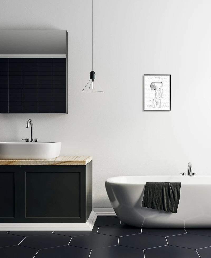 Stupell Industries Toilet Paper Roll Patent Black and White Bathroom Design Black Framed Giclee Texturized Art, 11" x 14"