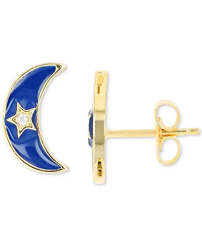 Cubic Zirconia & Enamel Crescent Moon Stud Earrings in 14k Gold-Plated Sterling Silver