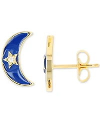 Cubic Zirconia & Enamel Crescent Moon Stud Earrings in 14k Gold-Plated Sterling Silver