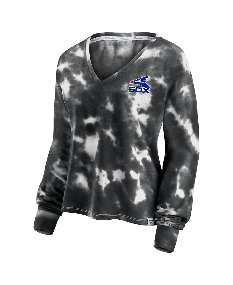 Women's Fanatics White and Black Chicago Sox Tie-Dye V-Neck Pullover Cropped Tee