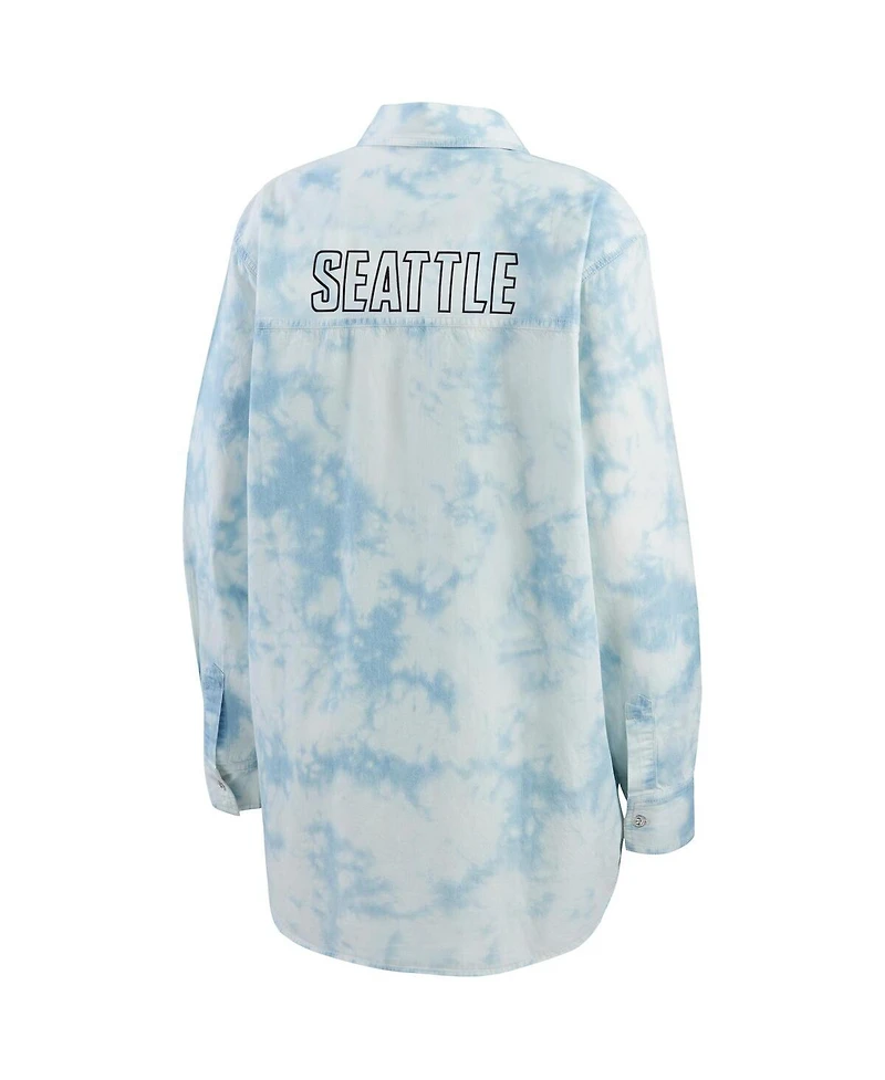 Wear by Erin Andrews Women's White Seattle Kraken Oversized Tie-Dye Button-Up Denim Shirt