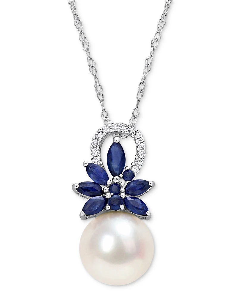 Cultured Freshwater Pearl (9-1/2mm), Sapphire (3/4 ct. t.w.), & Diamond (1/20 ct. t.w.) 17" Pendant Necklace in 14k White Gold