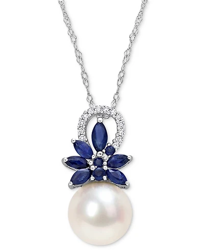 Cultured Freshwater Pearl (9-1/2mm), Sapphire (3/4 ct. t.w.), & Diamond (1/20 ct. t.w.) 17" Pendant Necklace in 14k White Gold