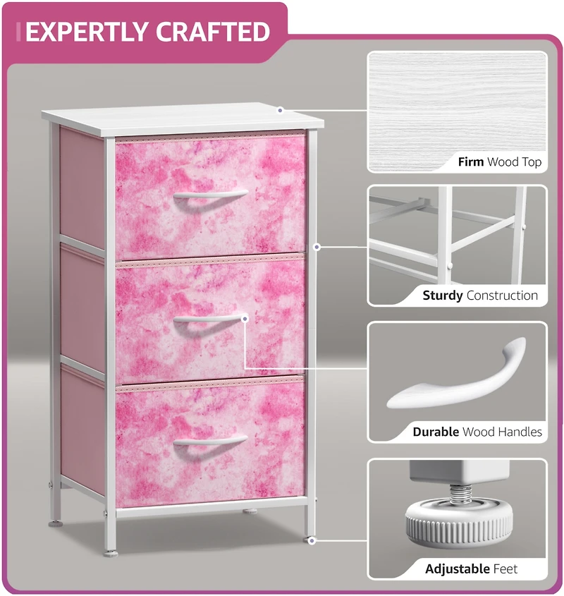 Sorbus Nightstand with 3 Drawers - Steel Frame, Wood Top & Easy Pull Fabric Bins Perfect for Home, Bedroom, Office College Dorm
