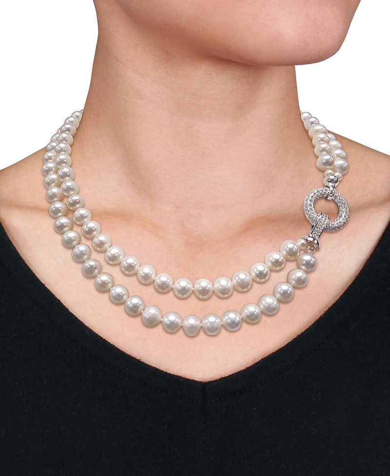 Cultured Freshwater Pearl (7 - 8mm) & Cubic Zirconia Double Strand 17" Collar Necklace