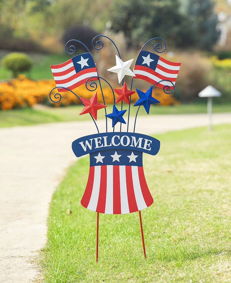 Glitzhome Wooden and Metal Patriotic Flags Yard Stake or Wall Decor Kd, Two Function, 30.25"