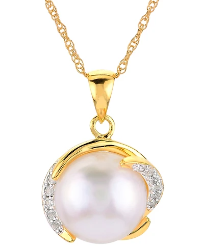 Cultured Freshwater Pearl (10mm) & White Topaz (1/6 ct. t.w.) 18" Pendant Necklace in 14k Gold-Plated Sterling Silver