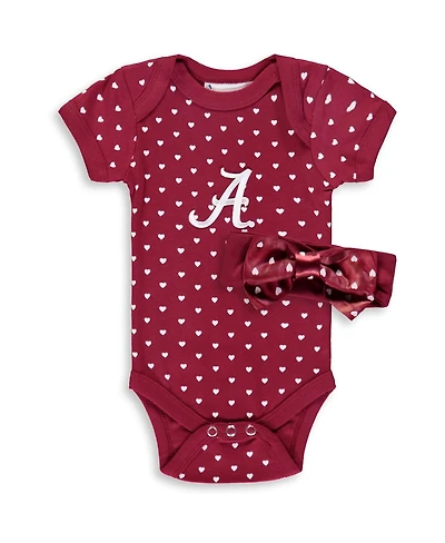 Girls Newborn and Infant Crimson Alabama Crimson Tide Hearts Bodysuit and Headband Set