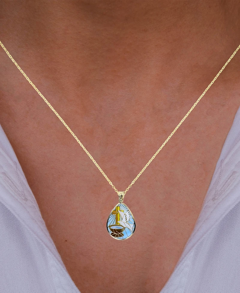 Enamel Dove & Cross Teardrop 18" Pendant Necklace in 14k Gold