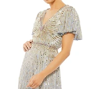 Women's Embellished V Neck Butterfly Sleeve Column Gown