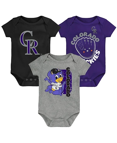 Newborn and Infant Boys and Girls Black, Purple, Gray Colorado Rockies Change Up 3-Pack Bodysuit Set