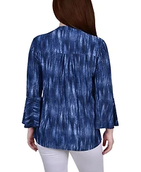 Ny Collection Petite 3/4 Bell Sleeve Printed Pleat Front Y-neck Top