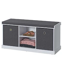 Basicwise Mdf Storage Box Shoe Bench with 2 Shelves, Foldable Baskets and a Gray Cushion, White