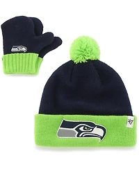 Toddler Unisex College Navy and Neon Green Seattle Seahawks Bam Bam Cuffed Knit Hat with Pom and Mittens Set