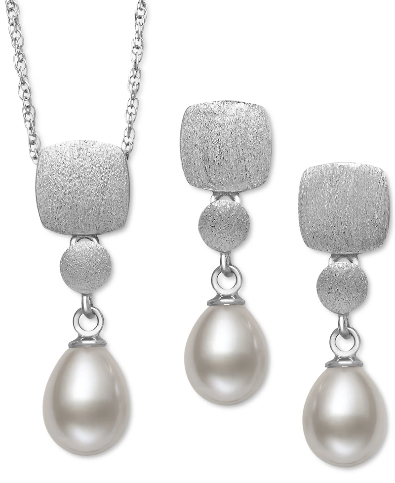 Belle de Mer 2-Pc. Set Cultured Freshwater Pearl (6mm) Brushed Finish Pendant Necklace & Matching Drop Earrings in Sterling Silver, Created for Macy's
