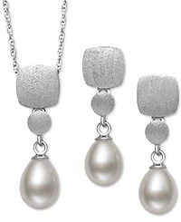 Belle de Mer 2-Pc. Set Cultured Freshwater Pearl (6mm) Brushed Finish Pendant Necklace & Matching Drop Earrings in Sterling Silver, Created for Macy's