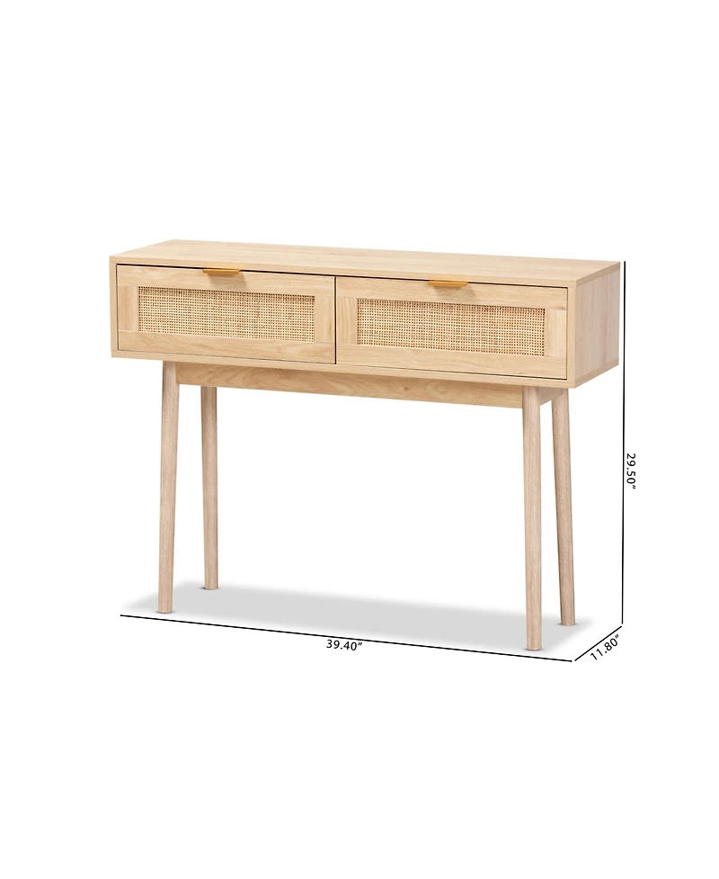 Baird Mid-Century Modern Finished Wood and Rattan 2 Drawer Console Table